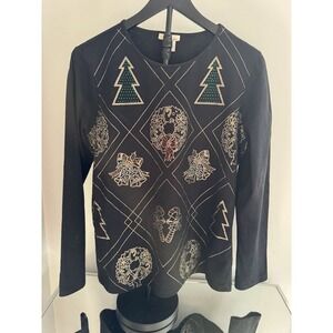 Tru Self Black Festive Embellished Holiday Top Sz L Wreath Bells Tree Casual Tee
